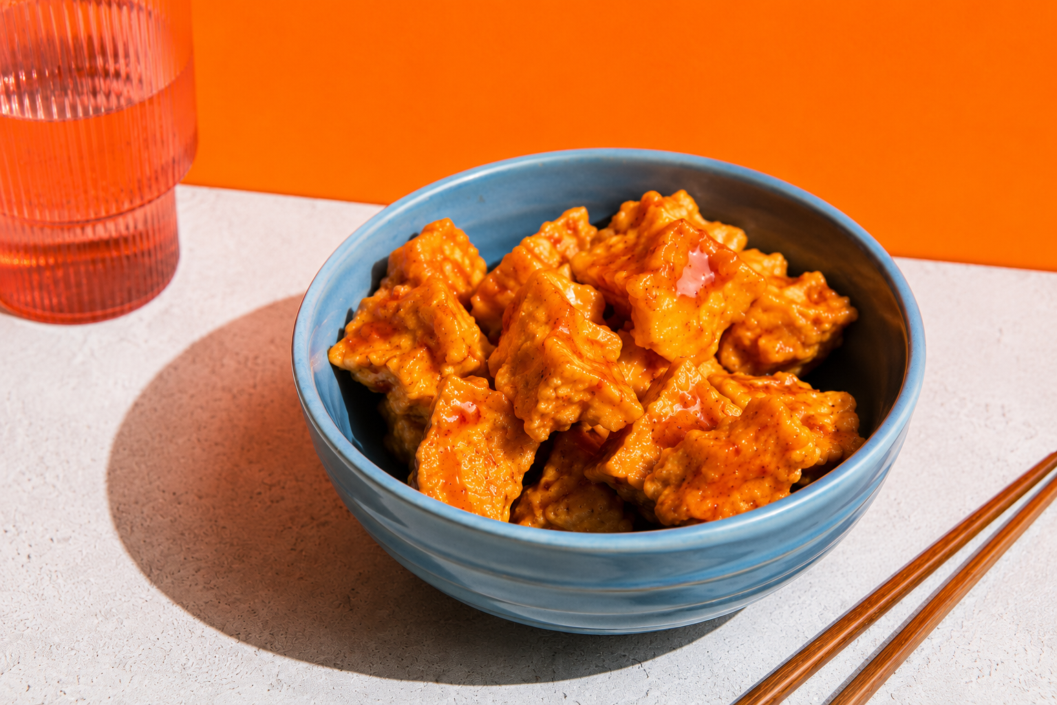 A blue bowl of General Tso's crispy tofu with chopsticks on an orange background