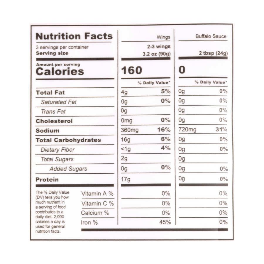 Nutrition facts panel for Buffalo (6 Pack). Contact info@blackbirdfoods.com for these values in text form.