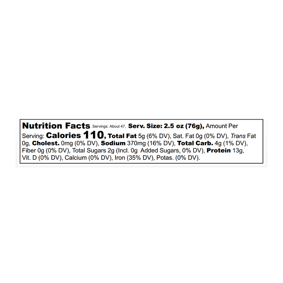 Nutrition facts panel for Chili Lime. Contact info@blackbirdfoods.com for these values in text form.