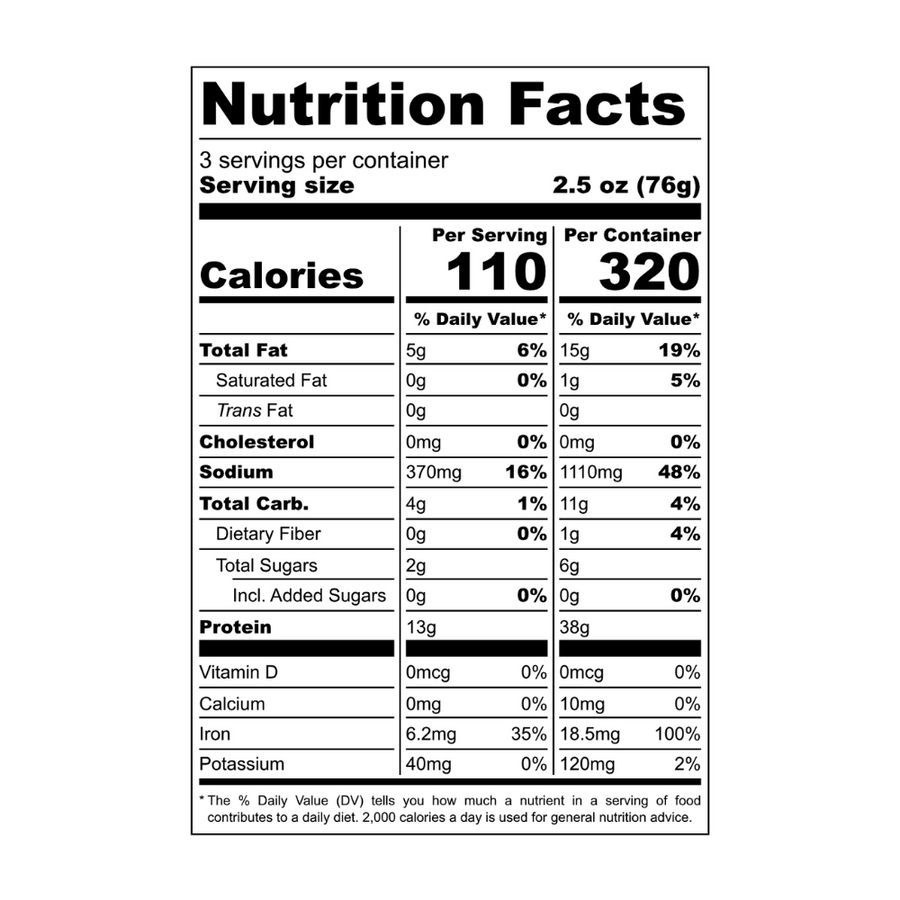 Nutrition facts panel for Chili Lime. Contact info@blackbirdfoods.com for these values in text form.