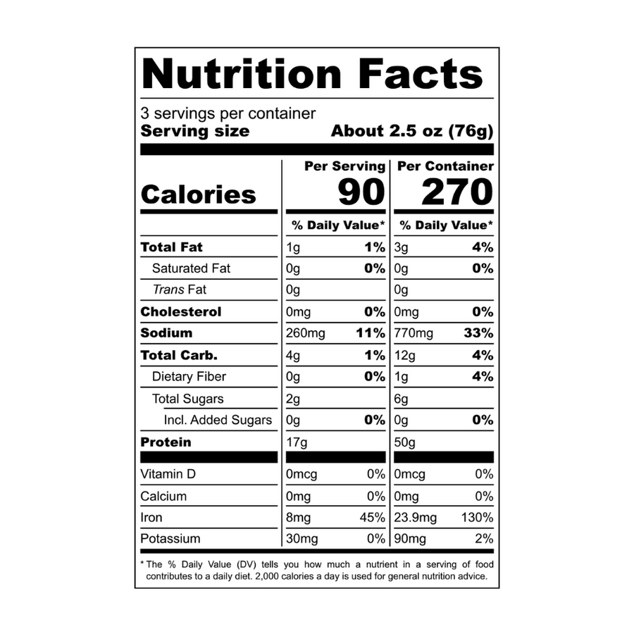 Nutrition facts panel for Original. Contact info@blackbirdfoods.com for these values in text form.
