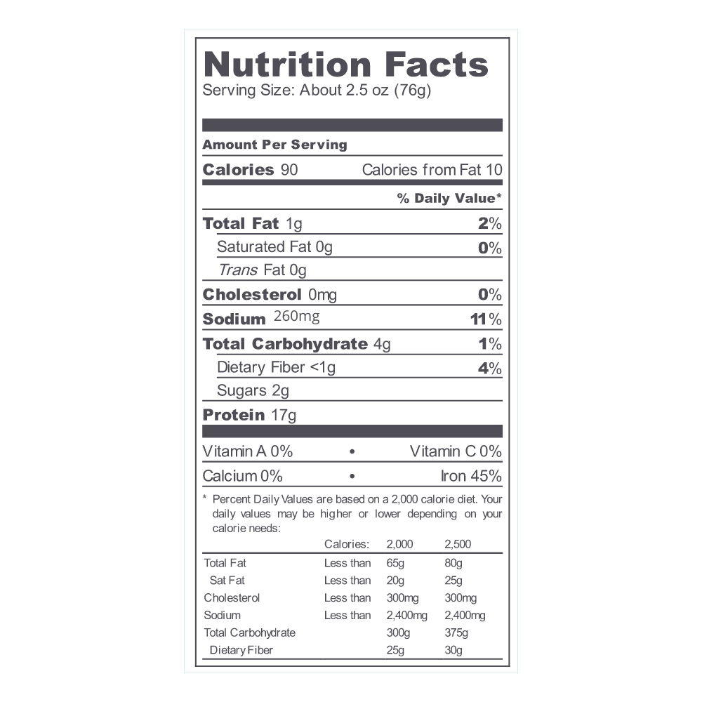 Bulk Unbreaded Wings (8 lbs) - Original - nutrition facts label