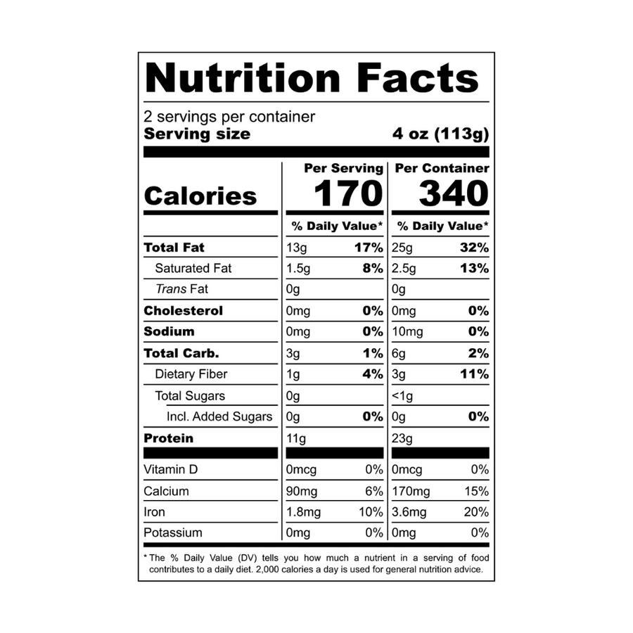 Nutrition facts panel for Original. Contact info@blackbirdfoods.com for these values in text form.