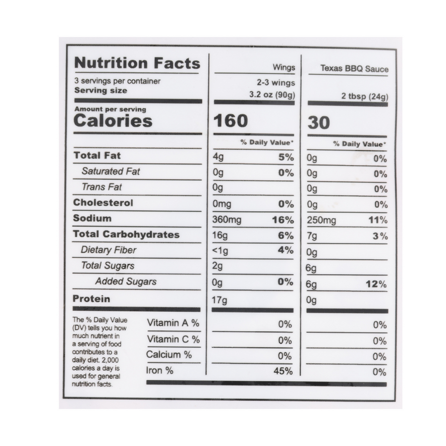 Nutrition facts panel for Texas BBQ (6 Pack). Contact info@blackbirdfoods.com for these values in text form.