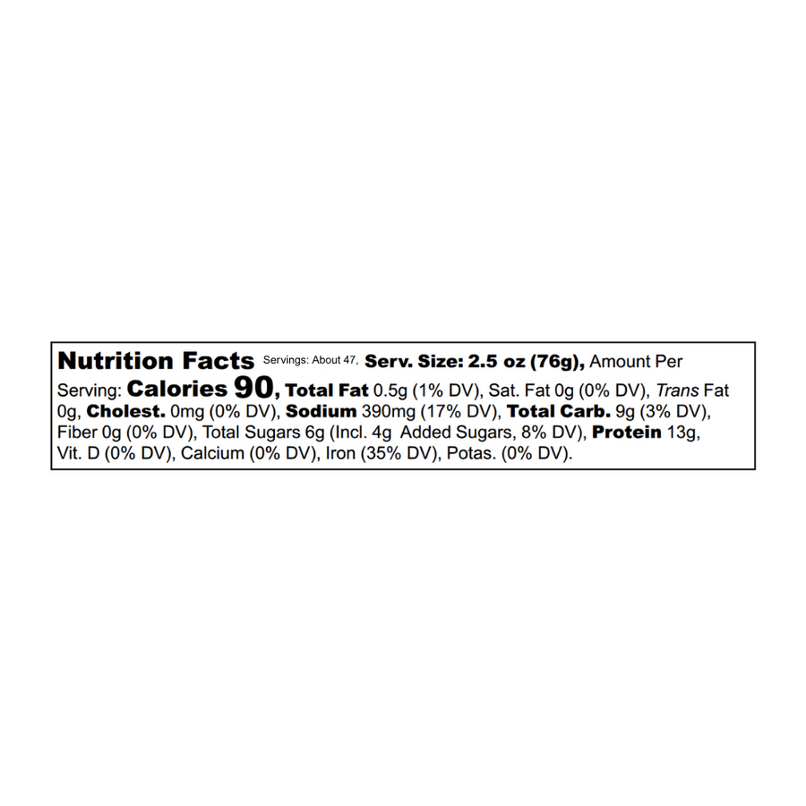 Nutrition facts panel for Texas BBQ. Contact info@blackbirdfoods.com for these values in text form.