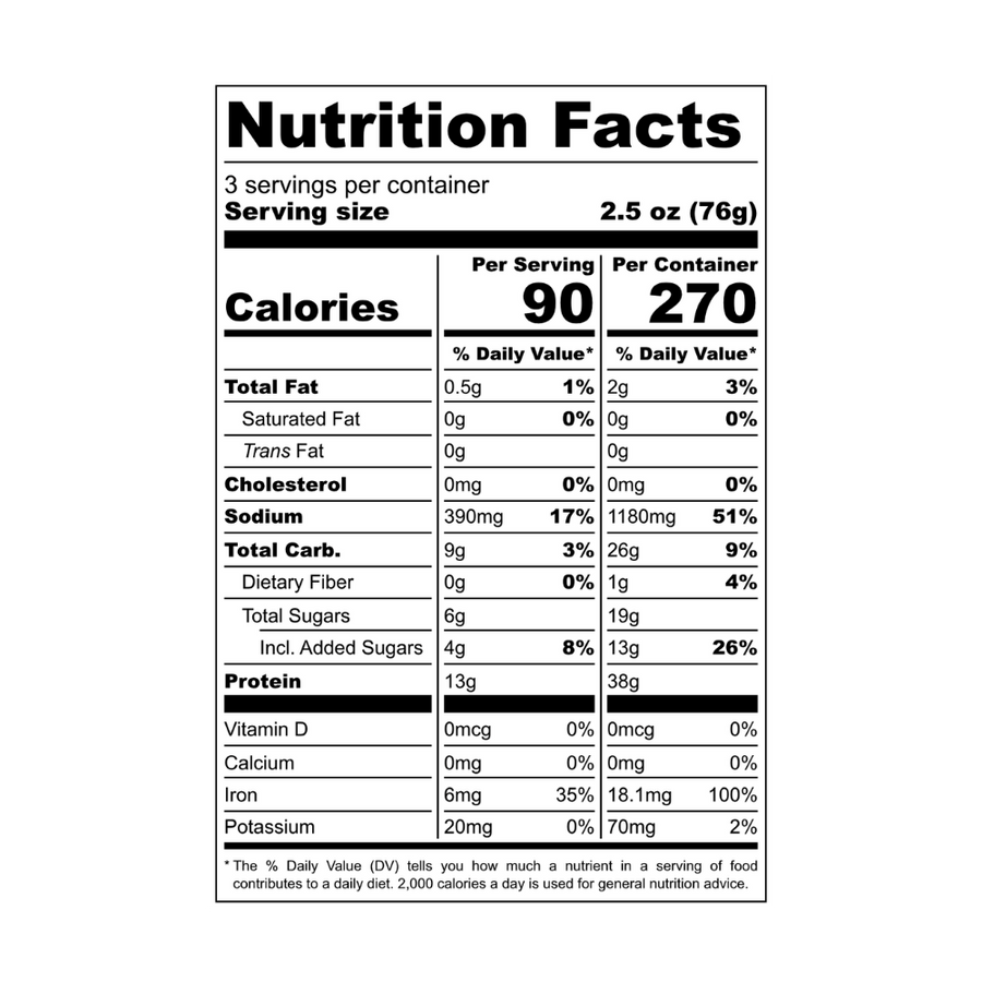 Nutrition facts panel for Texas BBQ. Contact info@blackbirdfoods.com for these values in text form.