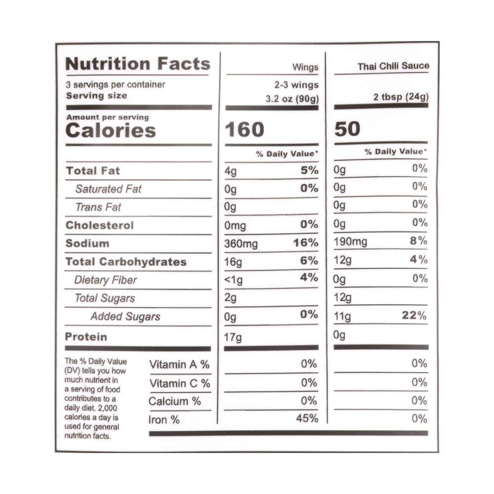 Wings - Chili - nutrition facts label