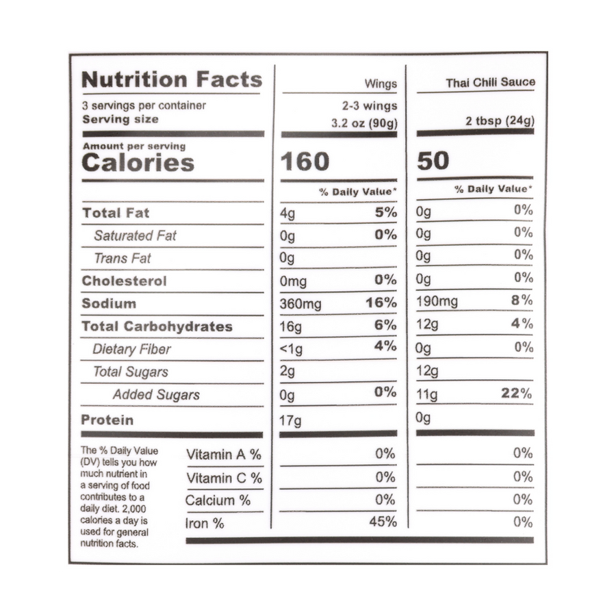 Nutrition facts panel for Thai Chili (6 Pack). Contact info@blackbirdfoods.com for these values in text form.