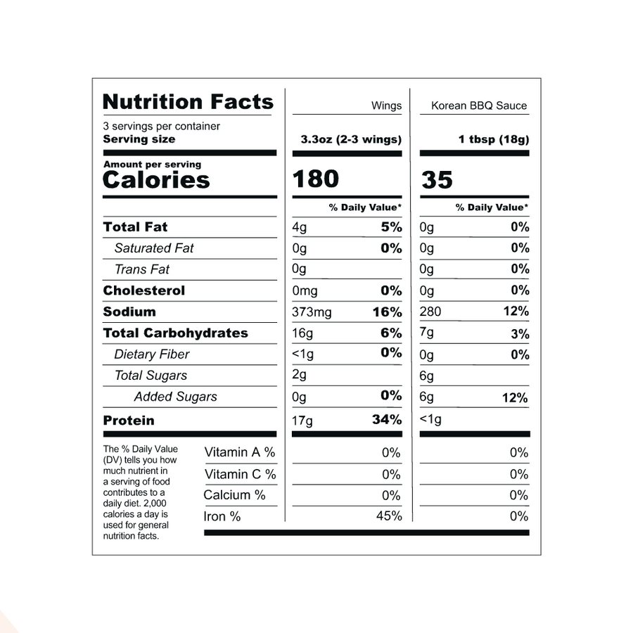 Nutrition facts panel for Korean BBQ (6 Pack). Contact info@blackbirdfoods.com for these values in text form.