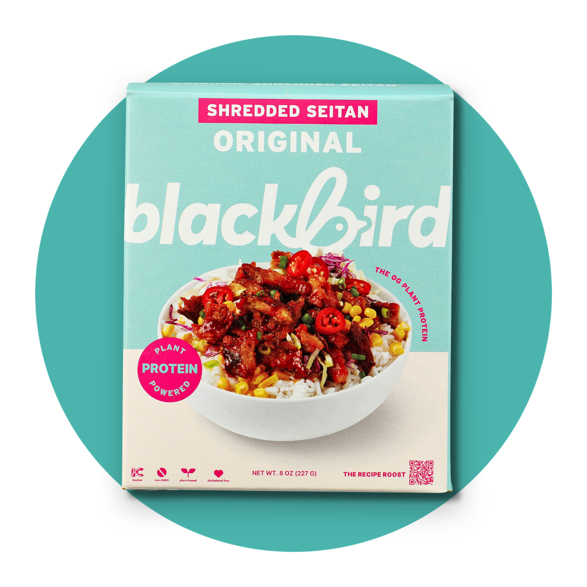Blackbird Original Seitan Shreds pack on a teal circle